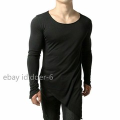 Mens Asymmetric Slit Hem Summer T-shirt Top Tee Long Sleeve Pullover Shirt Hot