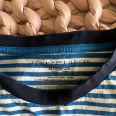 Vintage Tommy Hilfiger XL Blue/White Striped Logo Crew Neck Cotton T-Shirt
