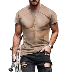Men Casual Short Sleeve TShirt with Funny Fake Muscle Print for Outdoor Use