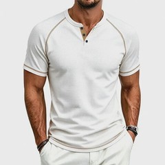 Men’s Regular Length T Shirt Summer Short Sleeve for Henry Collar Solid Color