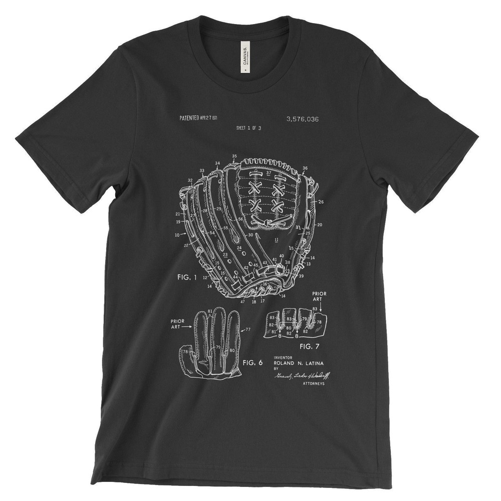 Baseball Glove Patent T-Shirt.100% Cotton Soft Comfy Tee on Black White or Gray