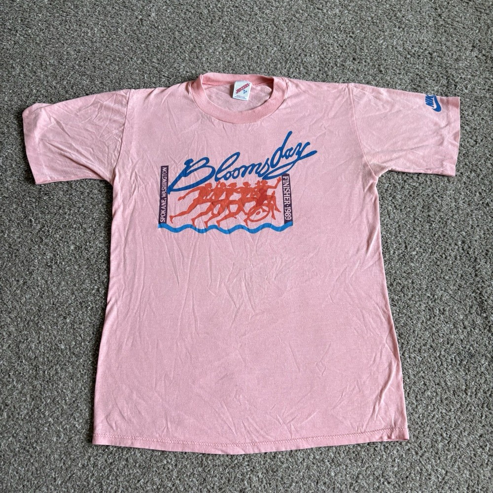 Vintage 1989 Nike Bloomsday Marathon Finisher Graphic T Shirt Pink Size Medium