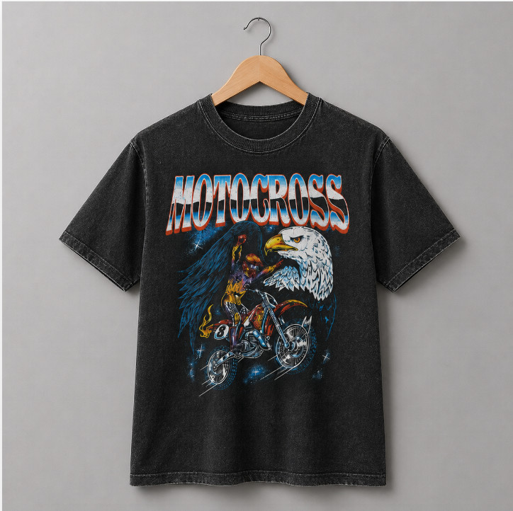 Vintage Motocross Dirt Bike T Shirt Retro Bald Eagle Acid Washed Motorcycle Tee