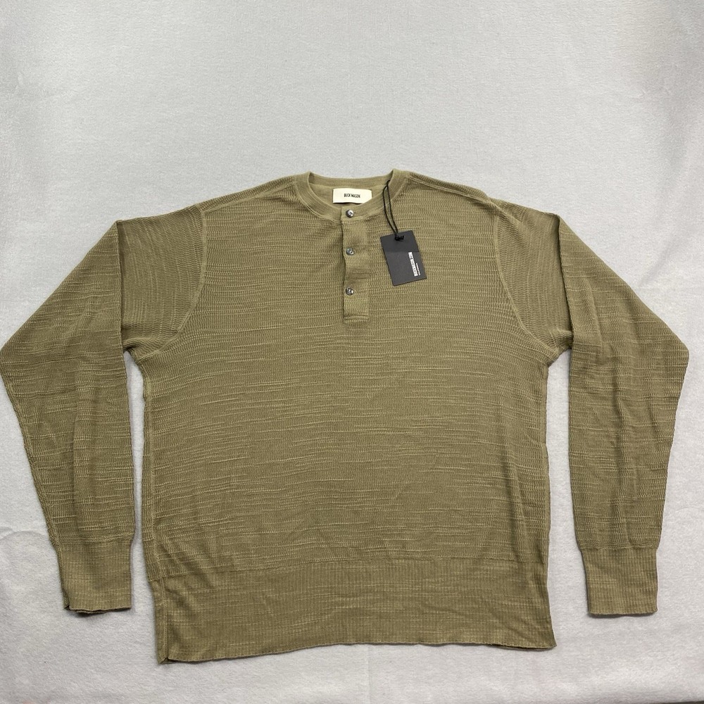 Buck Mason Shirt Mens Large Olive Daybreak Rower Thermal Knit Henley Long Sleeve