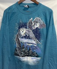 TERESA HOUK FLYING OWL T SHIRT SIZE XXL TEAL BLUE LONG SLEEVE WINTER SNOW SCENE