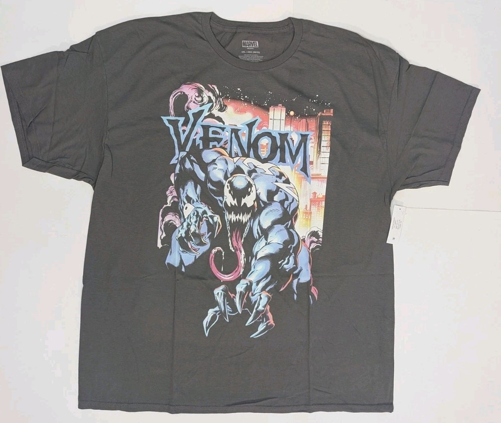 Venom Graphic T-Shirt 2XL City Aflame Marvel Comics Charcoal Grey NWT USA Seller