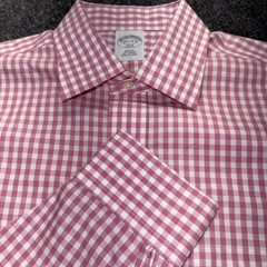 MENS BROOKS BROTHERS PINK WHITE CHECK Men Sz 15.5 4/5 Slim Fit Cotton Button Up