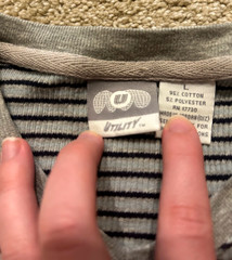Vintage Utility Wear Knit V Neck Mens Blue and Gray Striped Ribbed Shirt Sz L