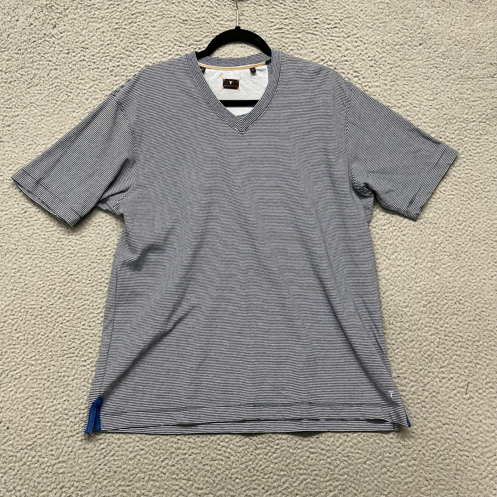 Left Coast Tee Shirt Mens L Blue Striped V Neck Cotton Peru Preppy Classic