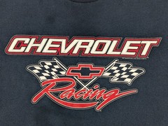 Vtg Chevrolet Racing T-Shirt Mens M Navy Blue Checkered Flags Bow Tie Y2K
