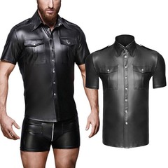 Men Black Faux Leather Short Sleeve Collared Shirt Wet Look Top Blouse