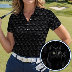 Black Cat Golf Polo Shirt Men Funny Rude Middle Finger Cat Dad Gift (S-5XL)