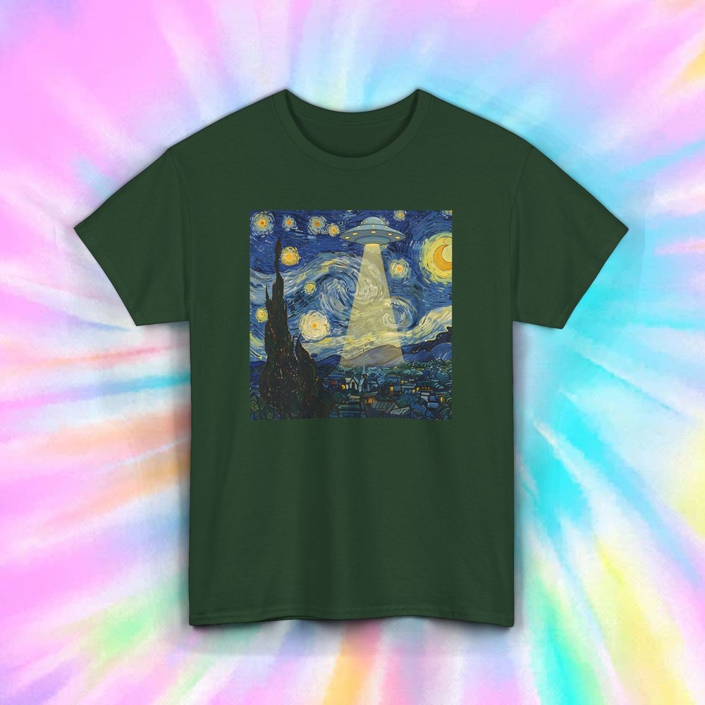 UFO Starry Night T-Shirt Funny Alien Spaceship Parody Tee S-5XL
