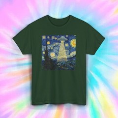 UFO Starry Night T-Shirt Funny Alien Spaceship Parody Tee S-5XL