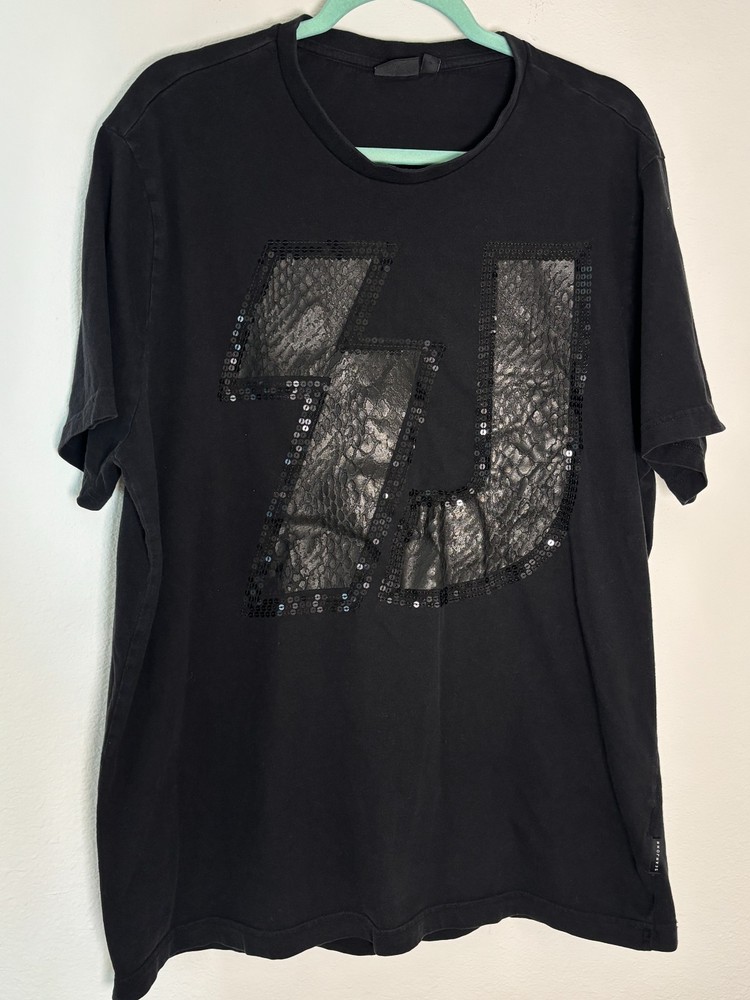 Sean John T-shirt Mens 2XL Black Snakeskin Sequin Sj Logo Graphic Straight Hem