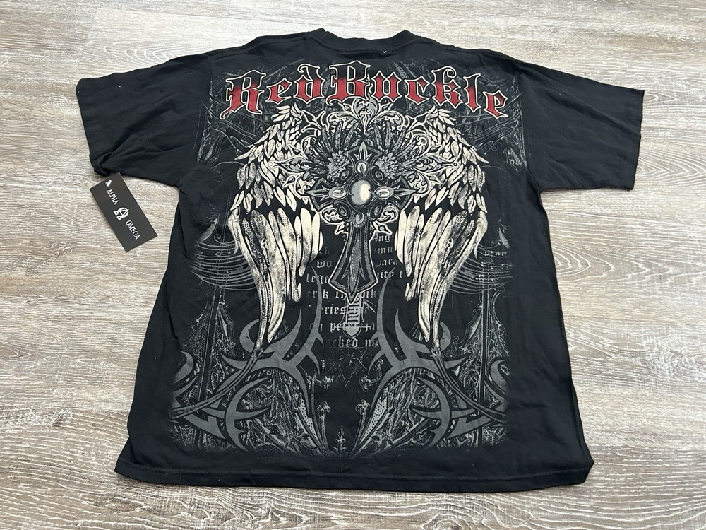 UP2U NEW T Shirt Gothic Wings Graphic Grunge Cross XL AOP Red Buckle USA Tribal