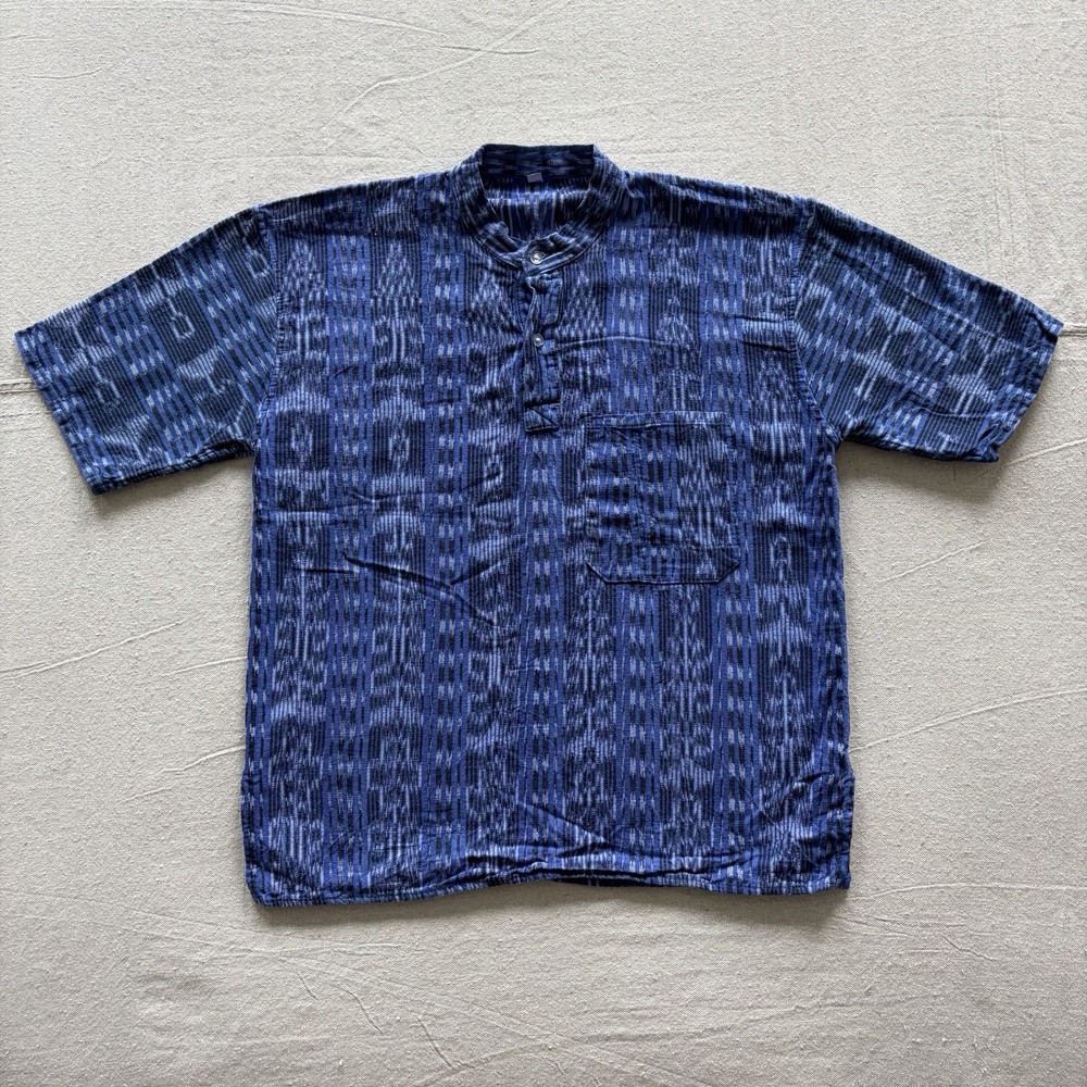 Guatemalan Ikat Collarless Henley Indigo Blue Shirt Men’s Medium M Women’s Large