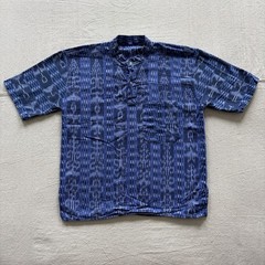 Guatemalan Ikat Collarless Henley Indigo Blue Shirt Men’s Medium M Women’s Large
