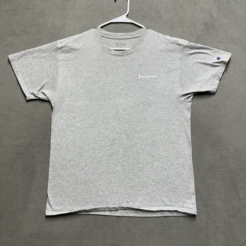 Champion T-Shirt Mens Large Heathered Gray Spell Out Logo Classic Tee Casual GUC