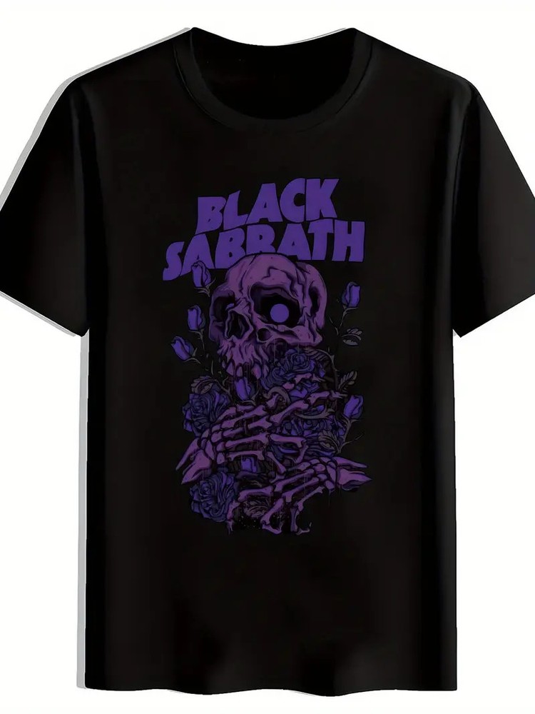 Men’S Black T-Shirt with Purple Skull & Roses Graphic – ” ” Band Design, Casual