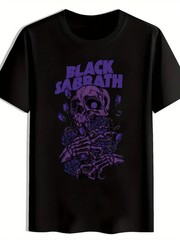 Men’S Black T-Shirt with Purple Skull & Roses Graphic – ” ” Band Design, Casual