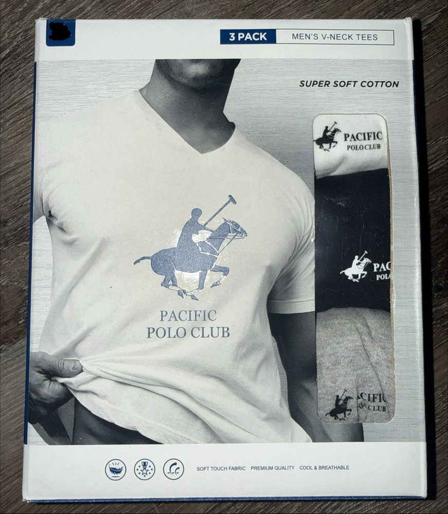 Pacific Polo Club ~ Men’s 3-Pack T-Shirts V-Neck White Gray Black Cotton ~ XL