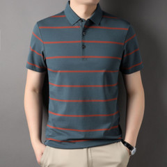 Men’s Fashion Striped Business Casual Loose Fashion Cotton Lapel Polo T-shirt
