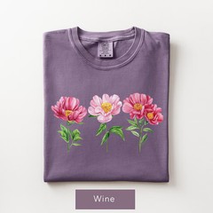 Watercolor Peony Trio Floral Comfort Tee Shirt Pink Women