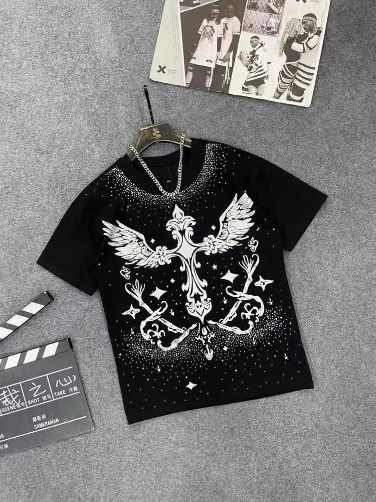Men Fashion Luxury Trend Cross Wing Drills Rhinestone Diamond Streetwear T-Shirt