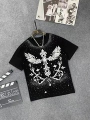 Men Fashion Luxury Trend Cross Wing Drills Rhinestone Diamond Streetwear T-Shirt