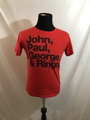 The Beatles: John, Paul, George & Ringo Red Short Sleeve T – Men’s S, Chest 18”