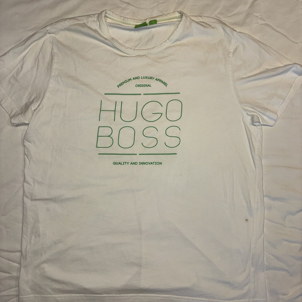 Hugo Boss White Graphic T-Shirt GREEN LABEL INNOVATION LOGO – Sm Spot On Front