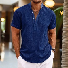 2023 Men’s Casual Short Sleeve Cotton Linen Shirts Streetwear Pure Color