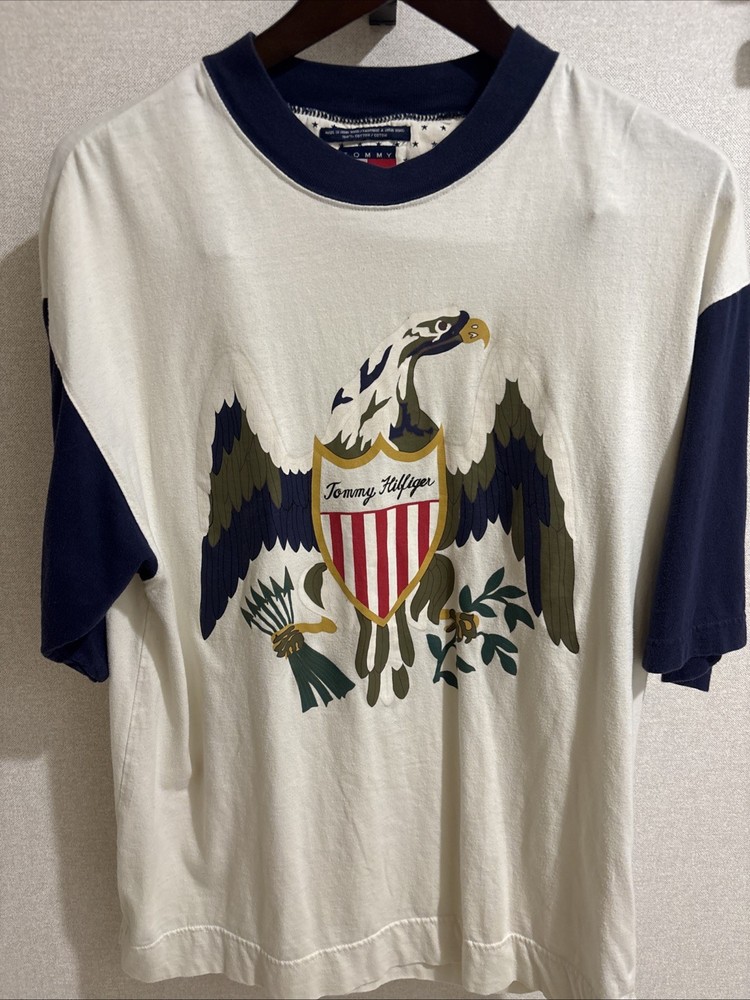 Vintage 90s Tommy Hilfiger Patriotic Eagle Crest Ringer T-Shirt White Blue Red L