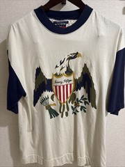Vintage 90s Tommy Hilfiger Patriotic Eagle Crest Ringer T-Shirt White Blue Red L