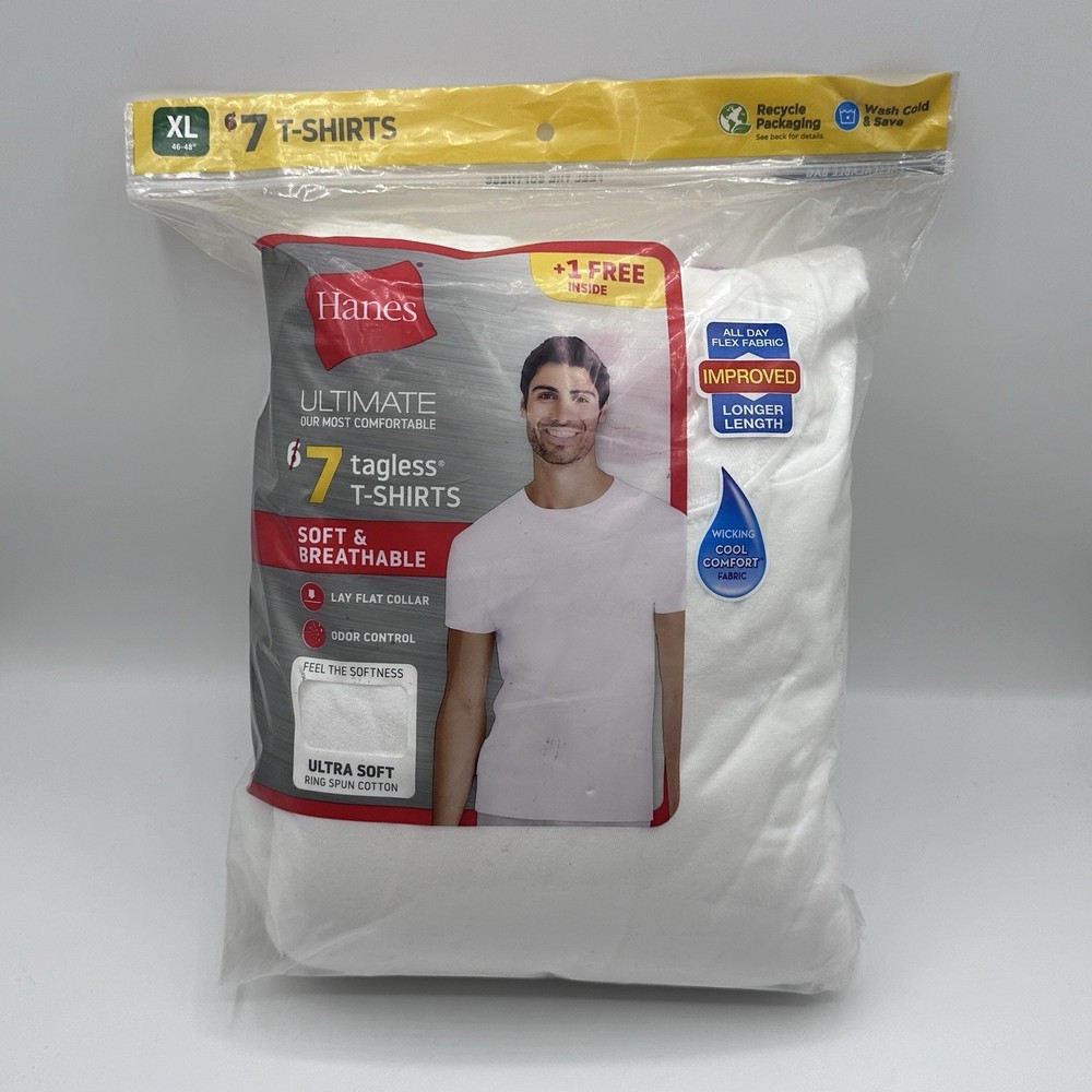 Hanes Men’s Pack Of 7 Tagless Ultra Soft White T Shirts Size X Large