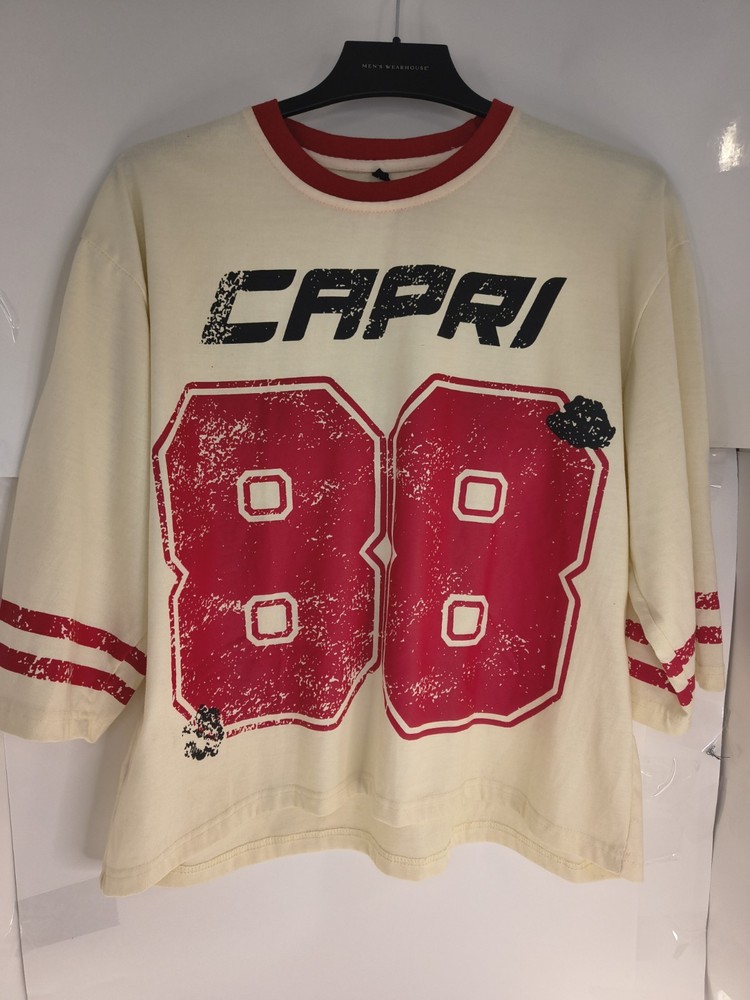 Vintage Capri 88 Graphic T Shirt Womens L Cropped Cream Red Ringer Tee Distresse