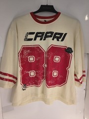 Vintage Capri 88 Graphic T Shirt Womens L Cropped Cream Red Ringer Tee Distresse