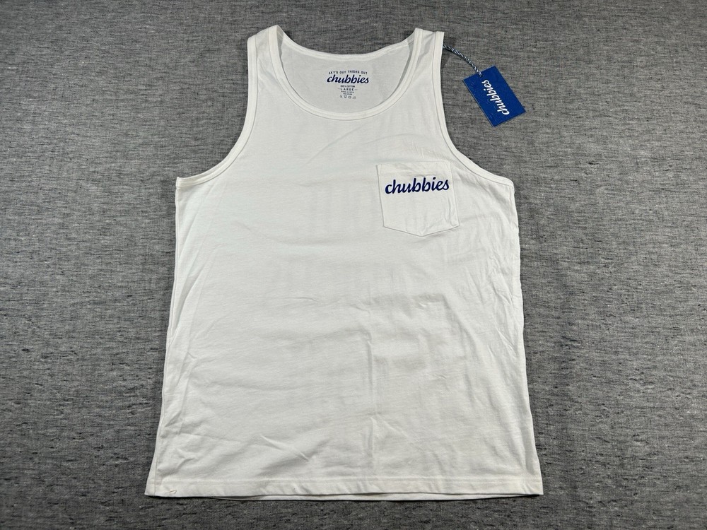 Chubbies Soto Tank Top Mens Large White Skys Out Thighs Out Sleeveless Pullover
