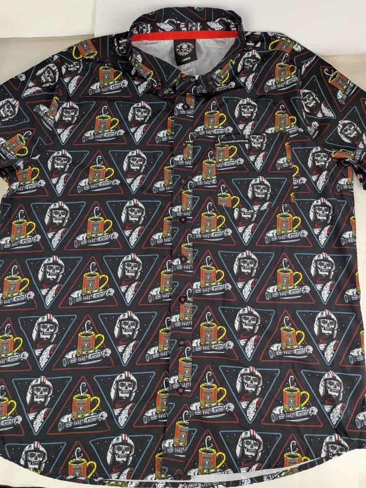 Death Wish Coffee Co Men’s L Button Down Shirt All Over Print Skull Graphic