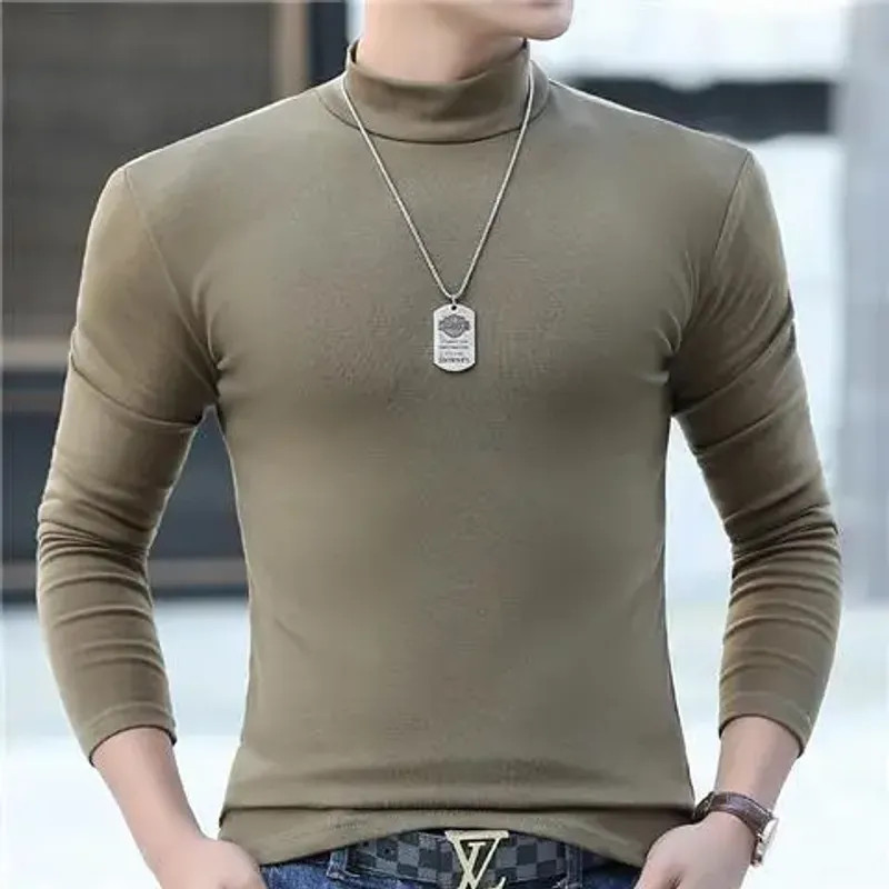 Fashion Men’s Oversize High Collar Long Sleeves Autumn Winter Pure Thermal Shirt