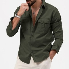 Men’s Cargo Shirt Casual Slim Shirts Long Sleeve Button Down Tops Blouse