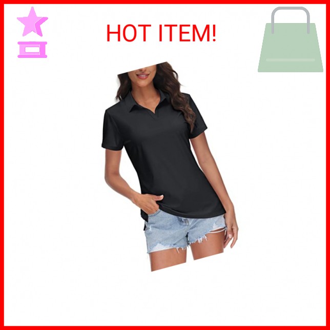 TACVASEN Black Women Polo Shirts UPF 50+ Golf Shirt V Neck Short Sleeve Shirt Su