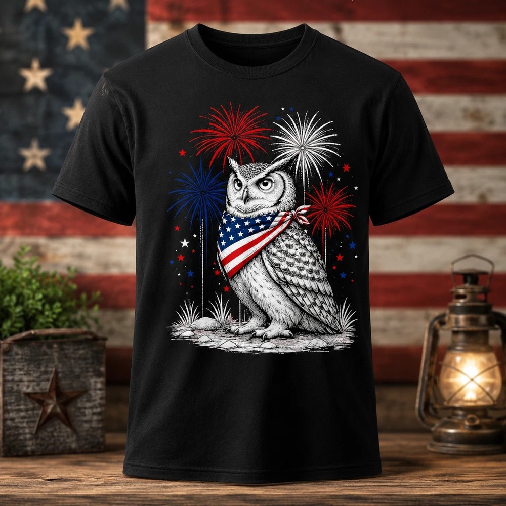 Patriotic Owl USA Flag Bandana Fireworks T-Shirt 4th of July American Pride Tee