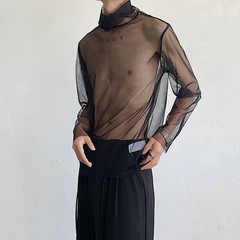 Men Mesh Sheer Turtleneck Long Sleeve Casual T Shirts Nightclub Party Top