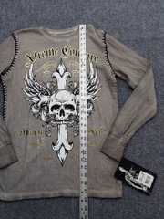 Affliction Xtreme Couture Shirt Men Small Brown Thermal Long Sleeve Skull Cross