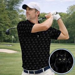 Black Cat Golf Polo Shirt Men Funny Rude Middle Finger Cat Dad Gift (S-5XL)