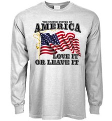 Long sleeve t-shirt USA love it or leave it American pride US flag America first
