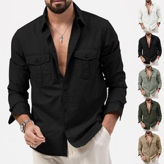 Men’s Cargo Shirt Casual Slim Shirts Long Sleeve Button Down Tops Blouse