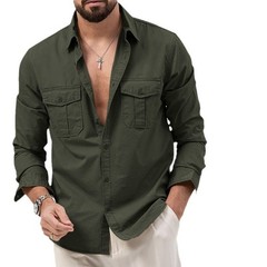 Men’s Cargo Shirt Casual Slim Shirts Long Sleeve Button Down Tops Blouse